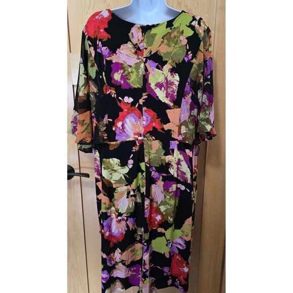 Floral multi color  Print V-Neck mock wrap Dress By London Times Woman 18W - Picture 4 of 7